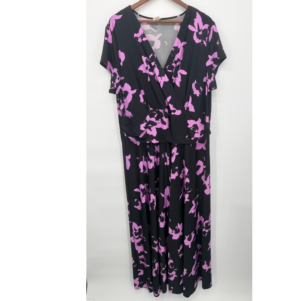 KOH KOH Maxi Dress Womens 4X Black Pink Good Floral Wrap V-Neck Smocked Back